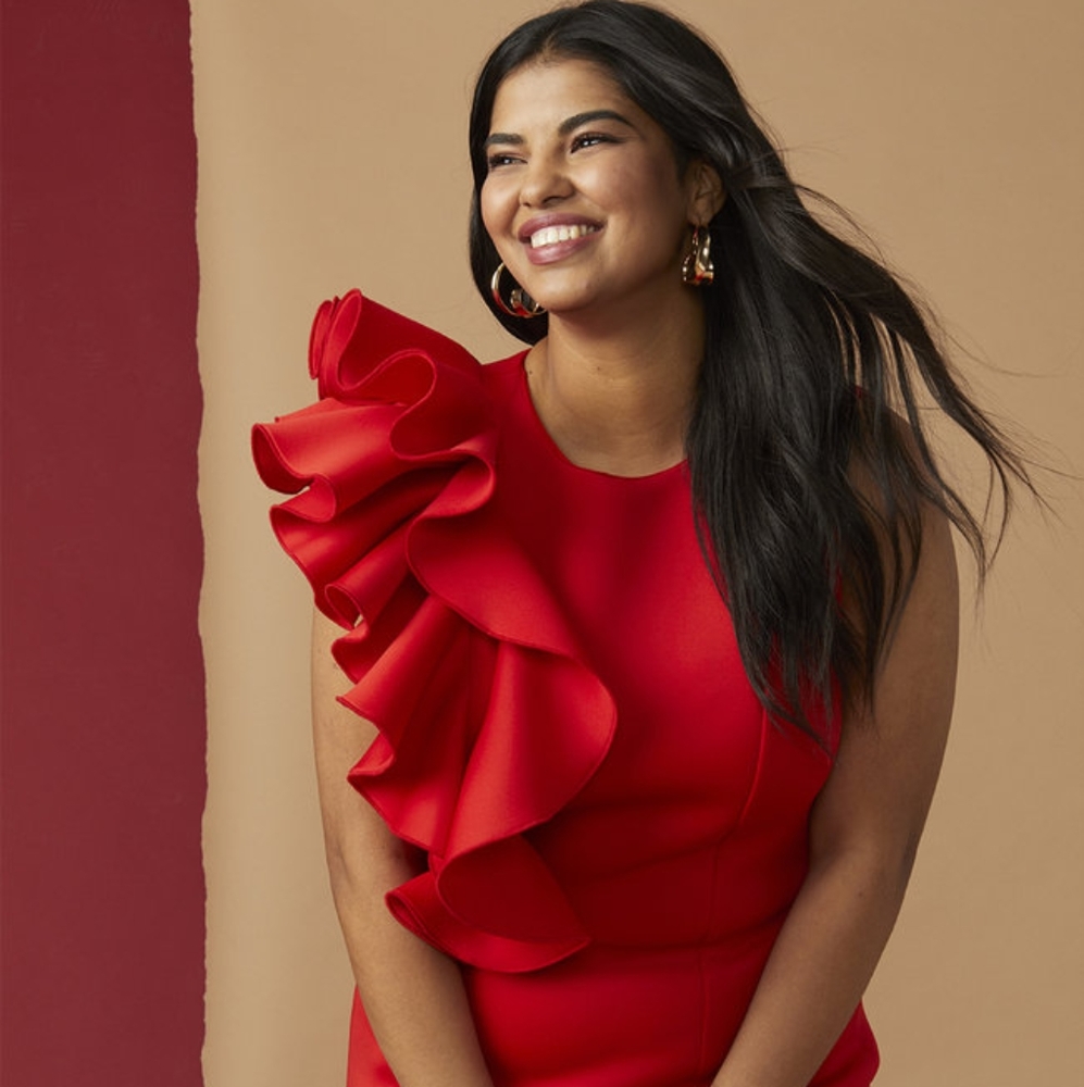 Eloquii red scuba knee length ruffle dress